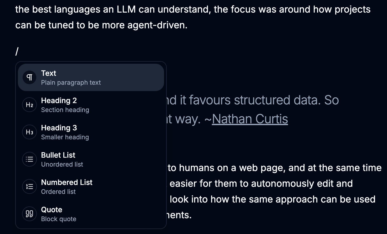 Editor slash command menu in dark mode